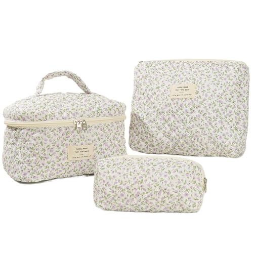 Kexpery Kosmetiktasche Damen Gesteppte Kosmetiktasche Kapazität Kosmetiktasche Floral Kosmetiktasche mit Tasche und Stiftetui Outdoor Tasche im Freien, blasslila von Kexpery