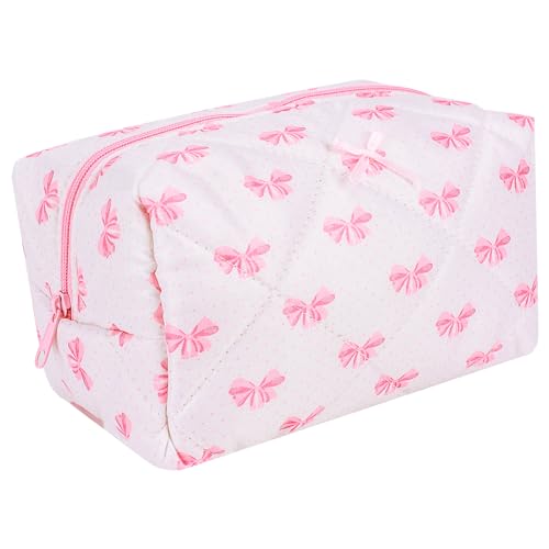 Kexpery Kosmetiktasche mit niedlichem Schleifenmotiv mit Reißverschluss, Aufbewahrungstasche für Make-up-Organizer, Aufbewahrungstasche aus Baumwolle, gesteppt, für Kosmetik, ästhetisch, Rosa, Lässig von Kexpery