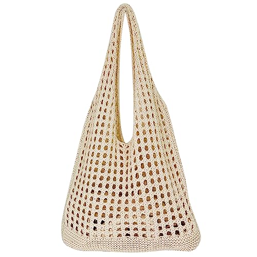 Kexpery Lässige Handtasche, einfarbig, großes Fassungsvermögen, weich gewebte Tasche, Damen-Strick-Umhängetasche, ausgehöhlt, for weibliche Mädchen (Beige) von Kexpery