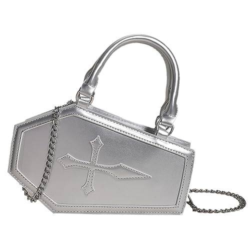 Kexpery Lässige Umhängetasche aus PU-Leder, Sarg-Form, für Damen, Reisen, Crossbody-Tasche, Reißverschluss, großes Fassungsvermögen, solide, modisch für Halloween, Cosplay, silber, von Kexpery