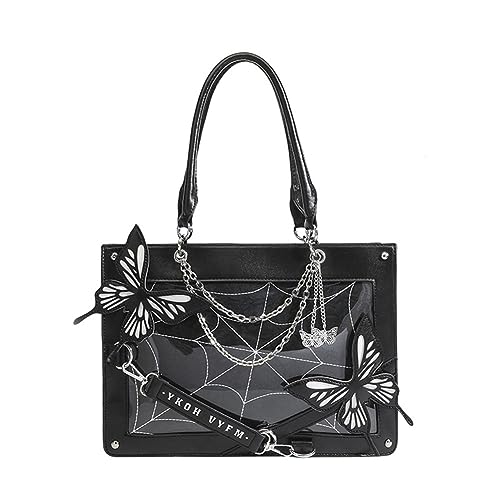 Kexpery Lolita Gothic Crossbody-Tasche, große Kapazität, Ketten, PU-Punk-Stil, Reißverschluss, lässig, Schultertasche für Arbeit und Dating, Schwarz , 35*25*10.5cm/13.78*9.84*4.13in von Kexpery