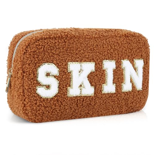 Kexpery Make-up-Organizer, Aufbewahrungstasche, Geschenk, adrette, flauschige Kosmetik-Aufbewahrungstasche, Chenille-Buchstabe, flauschig, Kulturbeutel für Damen und Mädchen, braun, von Kexpery