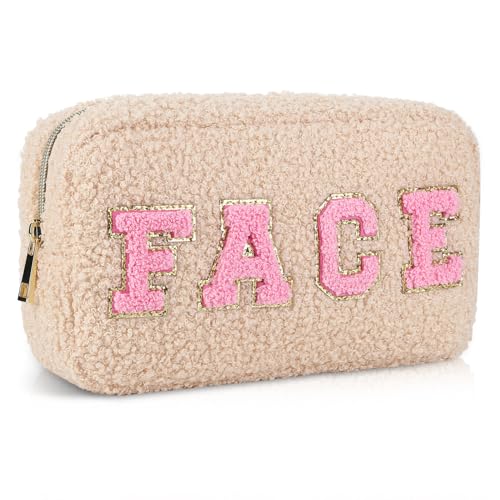 Kexpery Make-up-Organizer, Aufbewahrungstasche, Geschenk, adrette, flauschige Kosmetik-Aufbewahrungstasche, Chenille-Buchstabe, flauschig, Kulturbeutel für Damen und Mädchen, champagnerfarben, von Kexpery