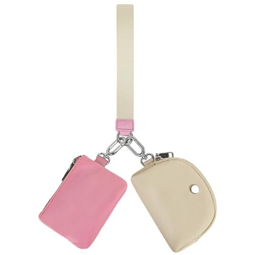 Kexpery Mini-Geldbörse mit umlaufendem Reißverschluss, tragbar, Schlüsselanhänger, Geldbörse, abnehmbare Mini-Münzgeldbörse, multifunktional, wasserdicht, für Outdoor-Reisen, Beige Pink, von Kexpery