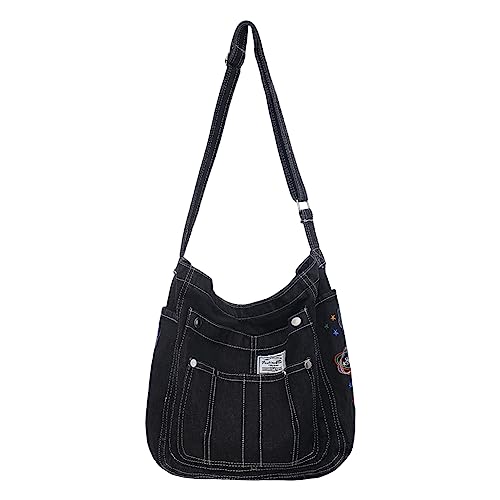 Kexpery Modische Denim-Damen-Umhängetasche, großes Fassungsvermögen, mehrere Taschen, schlicht, lässig für Wochenendurlaub, Schwarz , 35*32*14cm/13.77*12.59*5.51inch von Kexpery