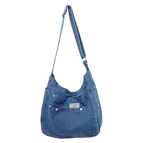 Kexpery Modische Denim-Damen-Umhängetasche, großes Fassungsvermögen, mehrere Taschen, schlicht, lässig für Wochenendurlaub, hellblau, 35*32*14cm/13.77*12.59*5.51inch von Kexpery