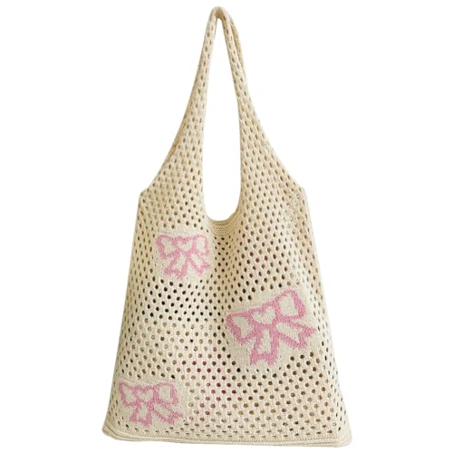 Kexpery Niedliche Umhängetasche mit Schleifenknotenmuster, gehäkelt, Mesh, ästhetisch, Stricktasche, Urlaub, Reisen, Sommer, Strand für Damen, rose, 340.00x340.00x100.00mm/13.39x13.39x3.94inch von Kexpery