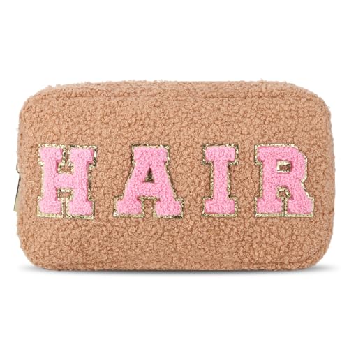 Kexpery Preppy Fluffy Kosmetik-Aufbewahrungstasche, Chenille-Buchstabe, Make-up-Organizer, Aufbewahrungstasche, Reise-Make-up-Tasche, Geschenk for Frauen und Mädchen (Kamel) von Kexpery