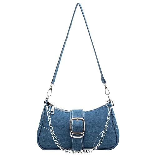 Kexpery Schnalle Dekor Denim Unterarmtasche Mode Kette Handtasche Geldbörse Damen Denim Umhängetasche Lässige Abendhandtasche (Blau) von Kexpery