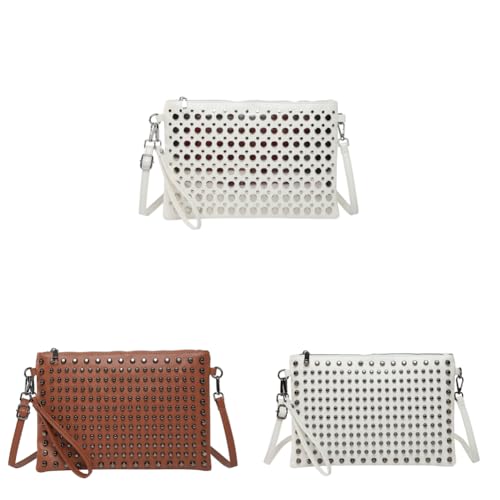 Kexpery Schultertasche aus PU-Leder mit Nieten und Schulterriemen und Griff, stylische Damen-Messenger Bag für Shopping und Shuttle, Weiß + Braun + Weiß B von Kexpery