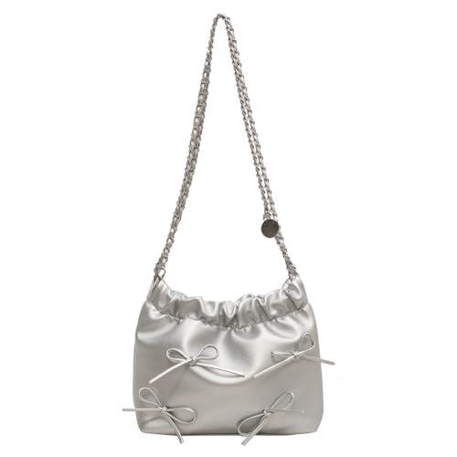 Kexpery Stilvolle Pendeltasche for Damen, großes Fassungsvermögen, PU-Schultertasche mit Schleife, modische Umhängetasche, einfarbig, Haspenverschluss for Party, Urlaub (Silber) von Kexpery