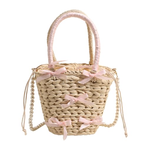 Kexpery Strand-Umhängetasche mit niedlicher Schleife und Perlenkettenriemen, lässige Tragetasche, große Urlaubs-Reise-Handtasche, Umhängetasche for Damen (Beige) von Kexpery