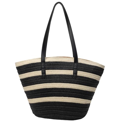 Kexpery Strandtasche aus Stroh, gestreift, groß, mit Reißverschluss, für Urlaub, Reisen, für Damen, Outdoor, Urlaub, Schwarz , 470.00x310.00x160.00mm/18.5x12.2x6.3inch von Kexpery