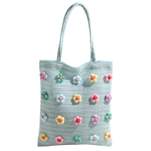 Kexpery Süße Blumen-Stroh-Strandtasche, große handgewebte Sommer-Handtasche, Schultertasche, Urlaubs-Reise-Handtasche for Frauen und Mädchen (blau) von Kexpery