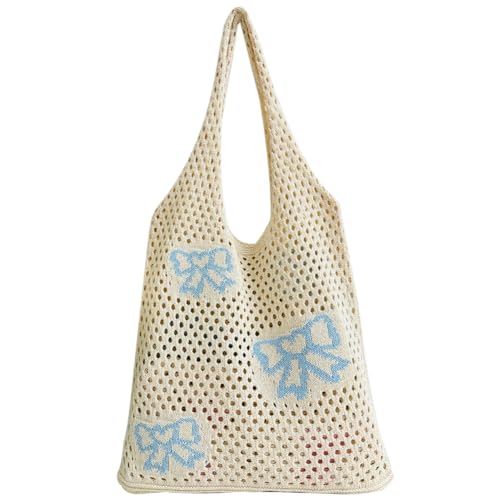 Kexpery Süße Schleife-Knoten-Muster, Häkel-Umhängetasche, Netzstoff, ästhetische Stricktasche, Urlaubs-Reise-Handtasche, Sommer-Strand-Handtasche for Frauen (blau) von Kexpery