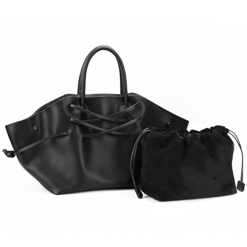 Kexpery Trendige Pendlertasche für Damen, großes Fassungsvermögen, PU-Kordelzug, einfache Kuriertasche, einfarbig, abnehmbarer Schultergurt für Outdoor-Reisen, Schwarz , 15.75*11.02*5.91inch von Kexpery