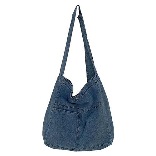 Kexpery Unisex, faltbare Umhängetasche, großes Fassungsvermögen, Jeans-Tasche mit Henkel, vielseitige Denim-Umhängetasche, lässige, wiederverwendbare Einkaufstasche (Hellblau) von Kexpery