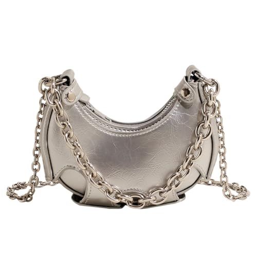 Kexpery Vielseitige Achseltasche für Damen, PU-Leder, Kettengriff, Reißverschluss, einfarbig, Alltagstasche für Damen, silber, 170.00x120.00x50.00mm/6.69x4.72x1.97inch von Kexpery