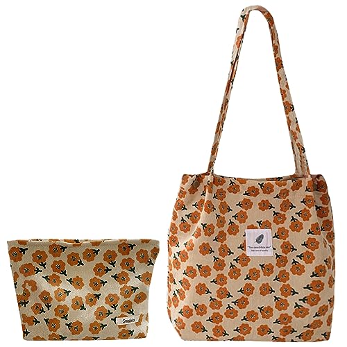 Kexpery Weiche Damen-Umhängetasche, großes Fassungsvermögen, 2-teilig, Schulter- und Kulturbeutel-Set, vielseitig, florale Ästhetik für Reisen, Einkaufen, Orange, 36*33*12cm/14.17*12.99*4.72 in von Kexpery