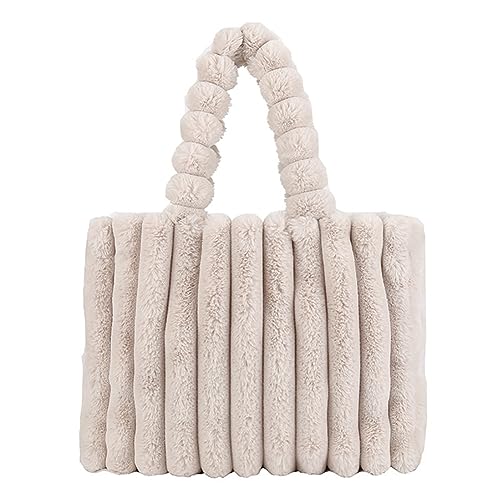 Kexpery Weiche Plüsch-Einkaufstasche, einfarbig, großes Fassungsvermögen, plissiert, for Damen, Outdoor-Freizeittasche, flauschige Einkaufstasche for Damen (mittelbeige) von Kexpery