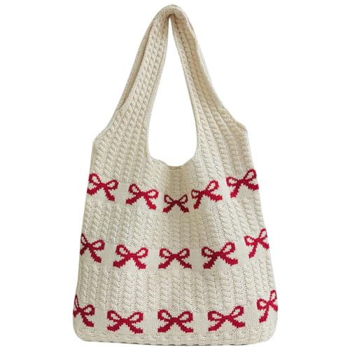 Kexpery Weiche Stricktasche for Damen, großes Fassungsvermögen, Schleifenmuster, Häkel-Umhängetasche, multifunktionale gestrickte Einkaufstasche zum Einkaufen, Reisen (rot) von Kexpery