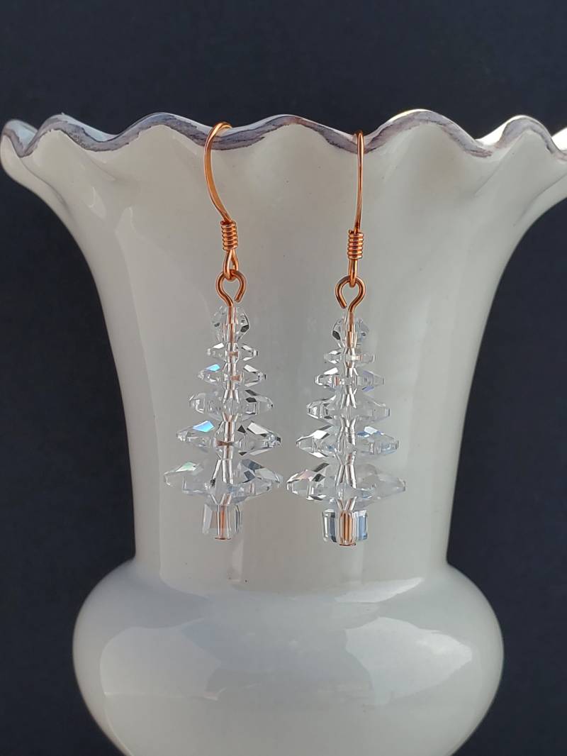 Kristall Weihnachtsbaum Ohrringe, Klare Swarovski 5 Tier Bäume, Rose Gold Filled Urlaub Handgemacht, Geschenk Für Sie von KeyStarDesigns