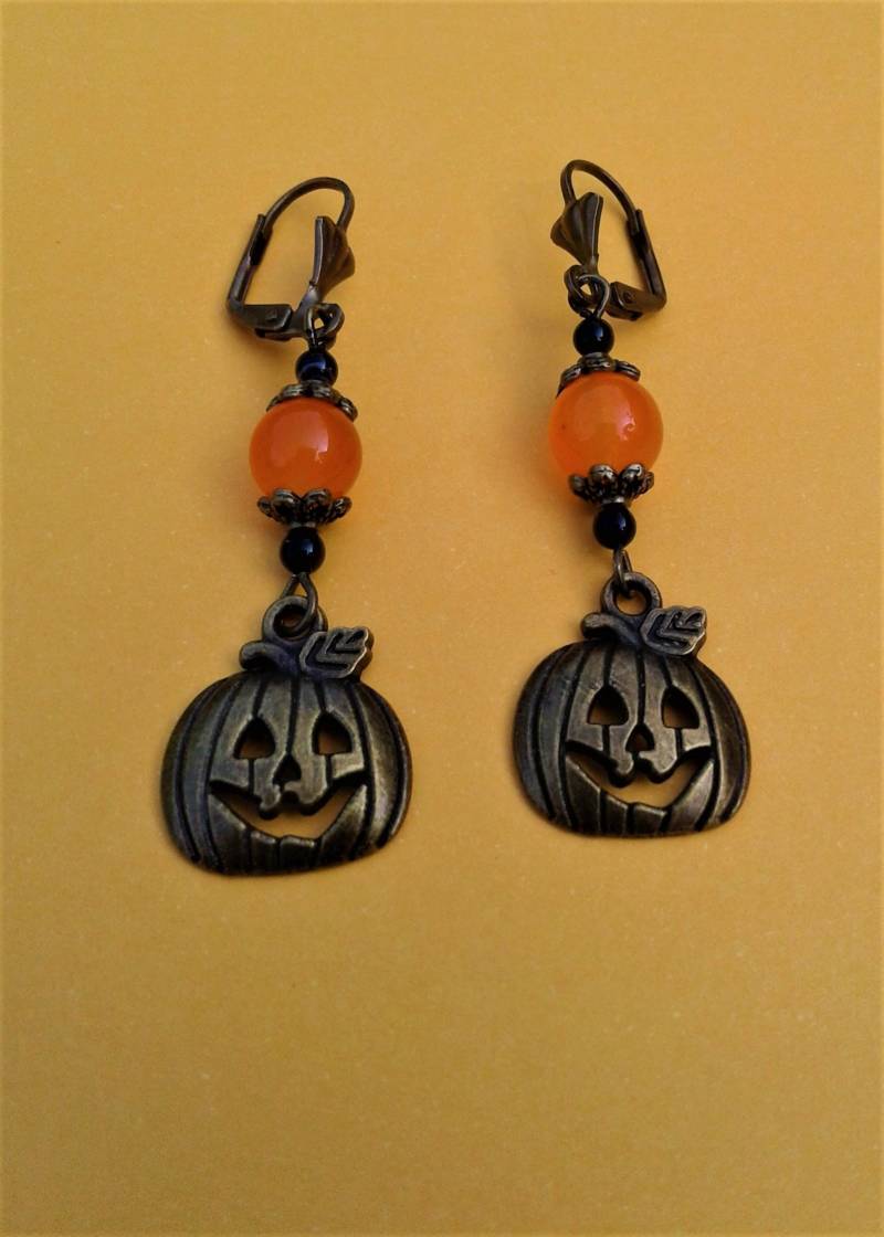 Kürbis Halloween Ohrringe Schmuck Antik Bronze Jack O Lantern Charms Herbst Orange Schwarz Onyx Topas von KeyStarDesigns