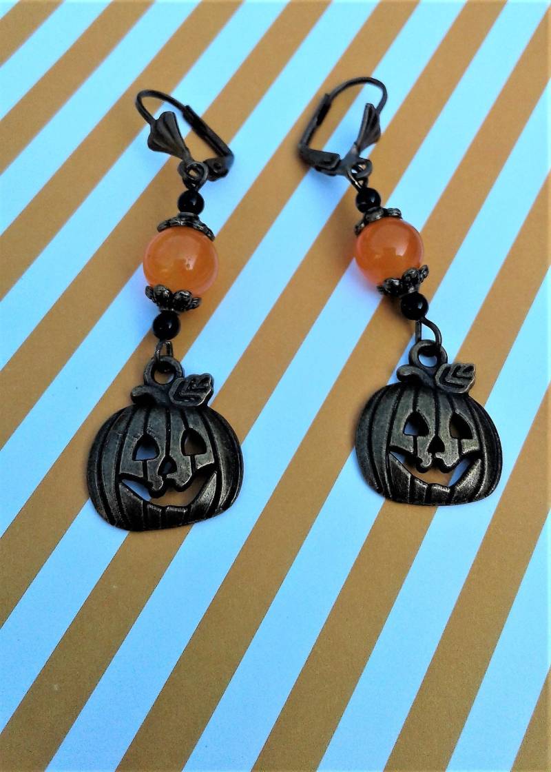 Kürbis Halloween Ohrringe Schmuck Antik Bronze Jack O Laterne Charms Herbst Orange Topas Schwarzer Onyx Edelsteine von KeyStarDesigns