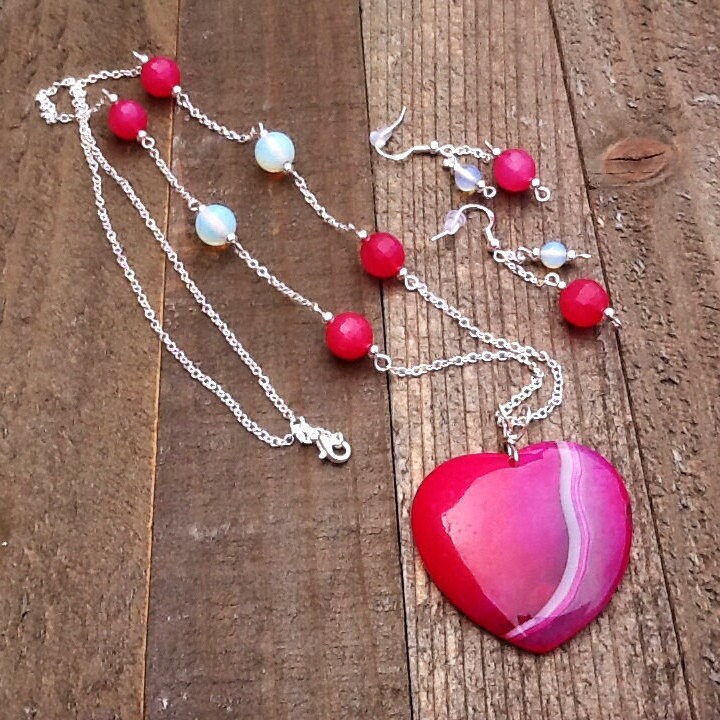Valentinstag Halskette Set Echte Rosa Onyx Achat Herz Nartural Opal Jade Ohrringe Muttertag Jahrestag Geschenk Sterling Silber von KeyStarDesigns