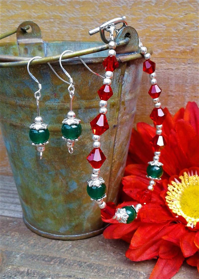 Weihnachten Smaragd Armband Set Ohrringe Sterling Silber Weihnachtsschmuck Rubin Edelstein Kristall Schmuck von KeyStarDesigns