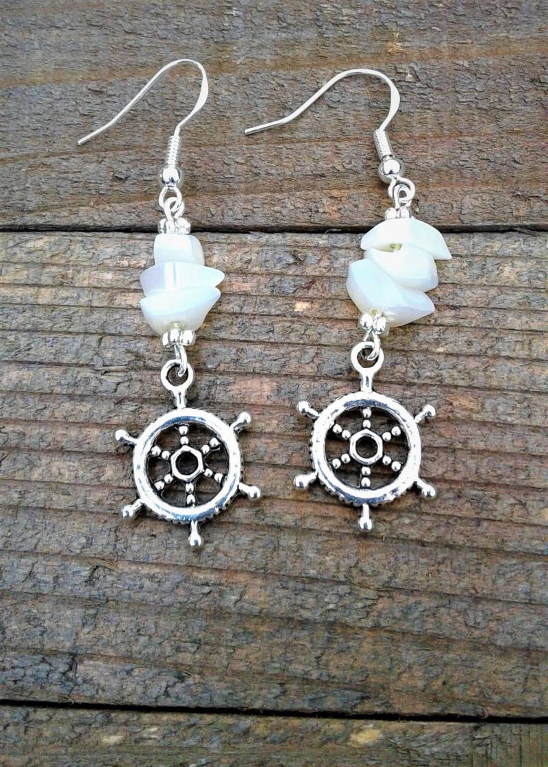 strand Ohrringe Kapitänsrad Schiff Rad Perlmutt Maritim Ozean Sommer Handmade von KeyStarDesigns