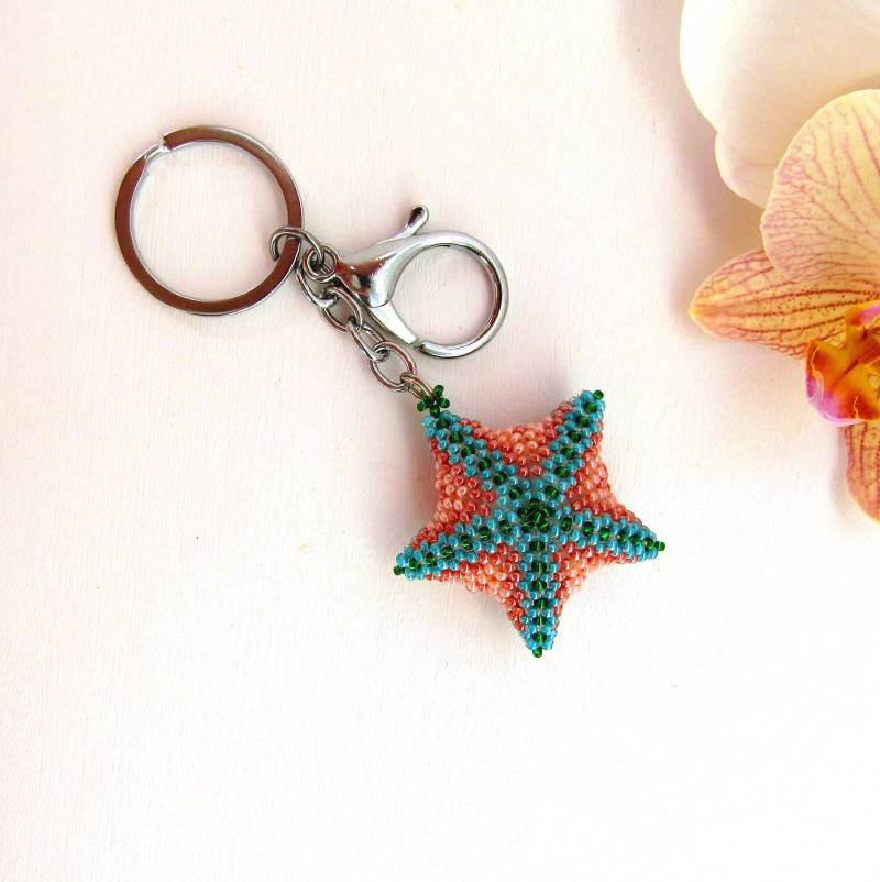Perlen Seestern Schlüsselanhänger, Türkis Geldbörse Charm von KeychainbyMirami8888