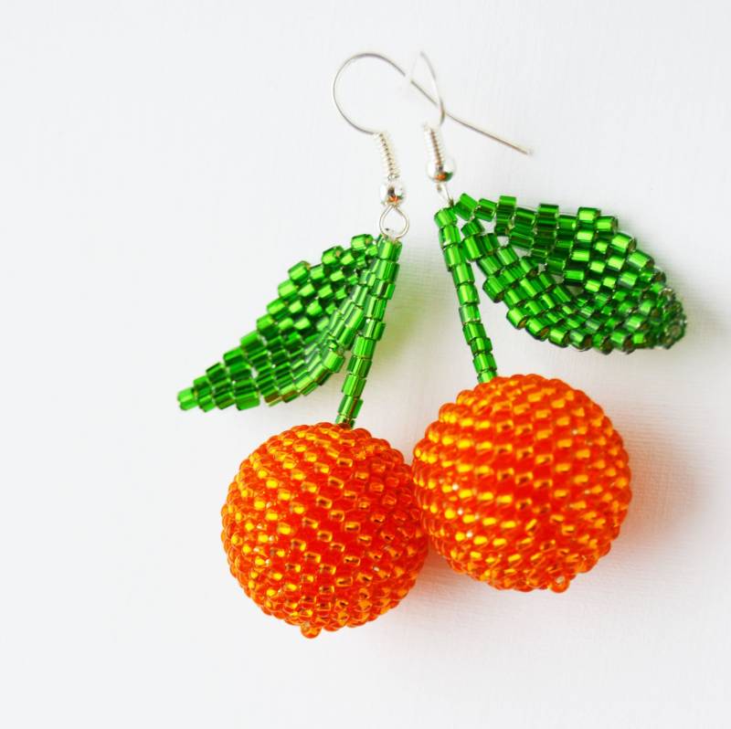 Orange Ohrringe Perlen Zitrus Schmuck Mandarin Boho Obst Lustig von KeychainbyMirami8888
