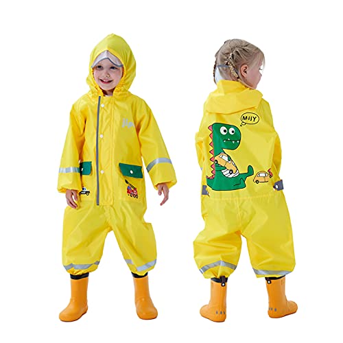 Keyck Regenmantel Kinder Regenjacken Wasserdichter Regenanzug Mädchen Jungen Regen Overall Kapuze Regenponcho Mit Tasche Faltbar Matschanzug Atmungsaktiv Wiederverwendbar Dinosaurier 2-4 Jahre, Gelb von Keyck