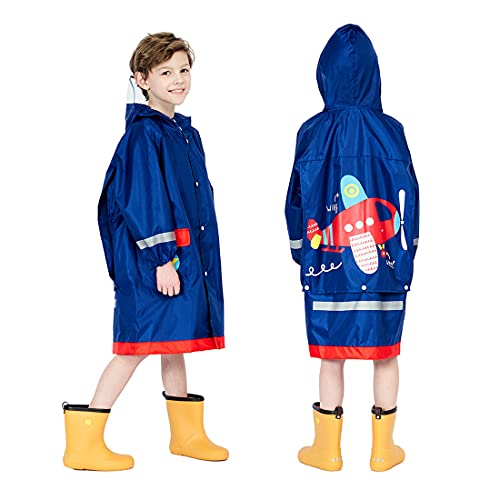 Keyck Regenmantel Kinder Regenponcho Regenjacken Wasserdichter Regencape Regenanzug Jungen Regen Poncho Kapuze Faltbar Atmungsaktiv Wiederverwendbar Tasche Regenkleidung Flugzeug Blau 4-6 Jahre von Keyck