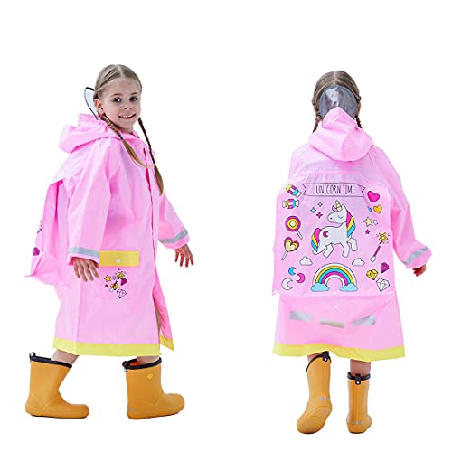 Keyck Regenmantel Kinder Regenponcho Regenjacken Wasserdichter Regencape Regenanzug Mädchen Regen Poncho Kapuze Outdoor Regenkleidung Atmungsaktiv Wiederverwendbar Tasche Einhorn Rosa 4-6 Jahre von Keyck