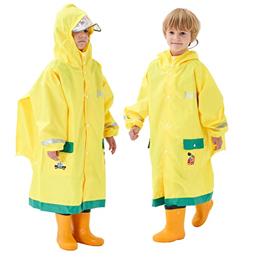 Keyck Regenmantel Kinder Regenponcho Regenjacken Wasserdichter Regencape Regenanzug Mädchen Regenkleidung Jungen Regen Poncho Kapuze Outdoor Atmungsaktiv Tasche Dinosaurier, Gelb 3-4 Jahre von Keyck