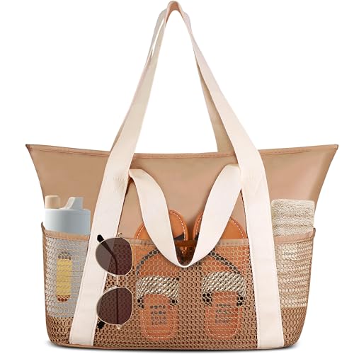 Keyck Strandtasche Damen Beach Tote Bag mit Reißverschluss, Große Wasserdicht Mesh Badetasche Familie Faltbar Saunatasche Handtasche Gross Umhängetasche für Strand Reisen Pool Urlaub, Khaki von Keyck
