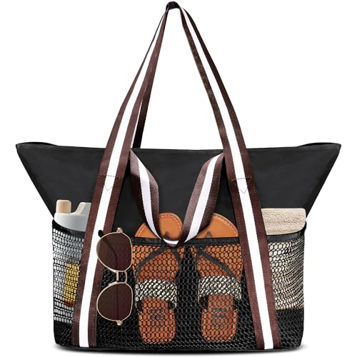 Keyck Strandtasche Damen Beach Tote Bag mit Reißverschluss, Große Wasserdicht Mesh Badetasche Familie Faltbar Saunatasche Handtasche Gross Umhängetasche für Strand Reisen Pool Urlaub, Schwarz von Keyck