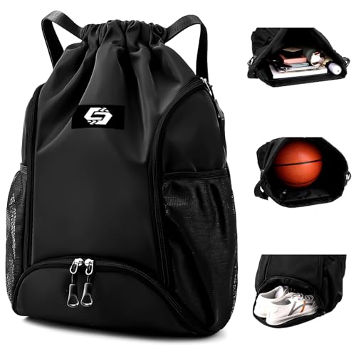 Keyck Turnbeutel Sportbeutel mit Kordelzug, Rucksack Sport mit Ballfach & Schuhfach und Wasserdichter Tasche, Große Sporttasche Schwimmbeutel Sportrucksack Gymsack für Herren Damen Jugend, Schwarz von Keyck