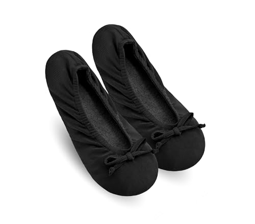 Keyela Damen Ballerina Hausschuhe mit weicher Krawatte Schleife und Wildledersohle rutschfeste Schlafzimmer Hausschuhe Socken, Seide Schwarz, 8-10 von Keyela