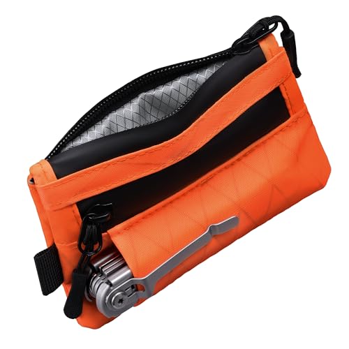 Keymarx Minimalistische Geldbörse für Herren, RFID Blocking EDC Zip Wallet, Wasserdichtes Gewebe & Multi-Tool-Slot (Hält 1-12 Karten), Orange/Abendrot im Zickzackmuster (Sunset Chevron von Keymarx