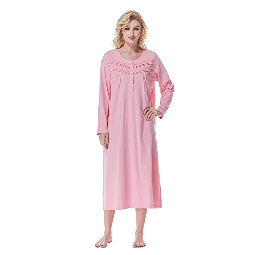 Keyocean Baumwollstrick-Frauen-Nachthemden, weiches bequemes leichtes langes Ärmel-Damen-Schlafkleid, Medium Pink, 46 von Keyocean