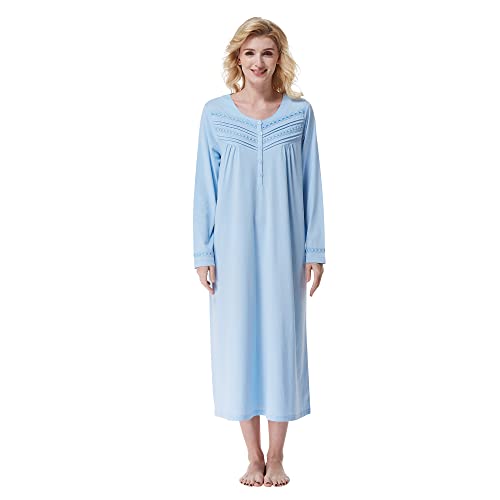 Keyocean Baumwollstrick-Frauen-Nachthemden, weiches bequemes leichtes langes Ärmel-Damen-Schlafkleid, mittelblau, 42 von Keyocean