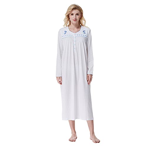 Keyocean Damen Nachthemd, weich 100% Baumwolle Bequeme leichte Lange Ärmel Damen Nachthemd Nachtwäsche, Blaue Punkte, XX-Large von Keyocean