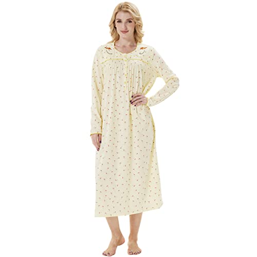 Keyocean Damen Nachthemd, weich 100% Baumwolle Bequeme leichte Lange Ärmel Damen Nachthemd Nachtwäsche, Hellgelb, X-Large von Keyocean