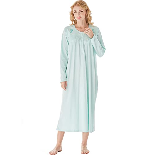 Keyocean Damen Nachthemd, weich 100% Baumwolle Bequeme leichte Lange Ärmel Damen Nachthemd Nachtwäsche, Lichtgrün, Groß von Keyocean