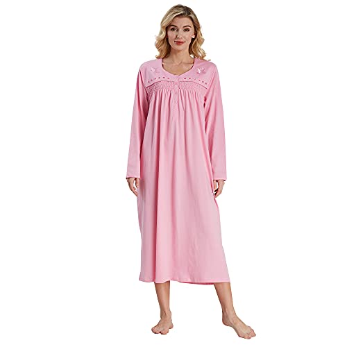 Keyocean Damen Nachthemd, weich 100% Baumwolle Bequeme leichte Lange Ärmel Damen Nachthemd Nachtwäsche, Mittelrosa, XX-Large von Keyocean