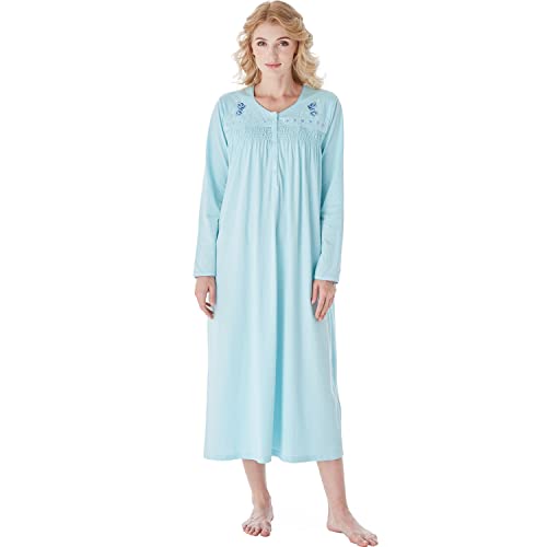 Keyocean Damen Nachthemd, weich 100% Baumwolle Bequeme leichte Lange Ärmel Damen Nachthemd Nachtwäsche, Türkis, X-Large von Keyocean