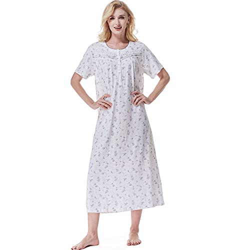 Keyocean Damen-Nachthemd, weiche 100 % Baumwolle, kurze Ärmel, bequemes Damen-Nachthemd, Violett mit Blumenmuster, X-Large von Keyocean
